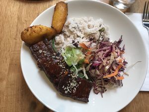 Carribean tofu with coconutey rice and fried mango. This was delicious!!! at Mildreds - Kings Cross in North London