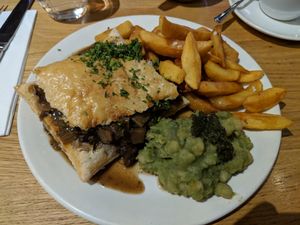 Mushroom and Ale pie, minty mushy peas at Mildreds - Kings Cross in North London