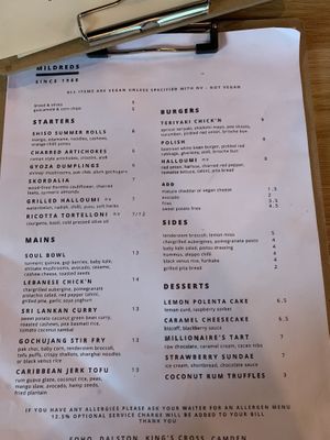 Menu (July 2019) at Mildreds - Kings Cross in North London
