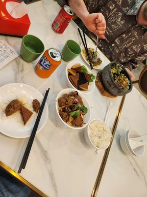 The plain rice, tofu and wheat gluten  dishes shown were vegan but the Herby rice is my partner's and was not! at Old Shanghai Snack Dishes in Shanghai