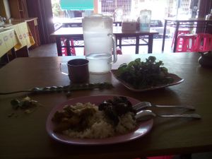 Rice with two toppings 40Baht+free salad+free water at Hongming Vegetarian Food in Krabi