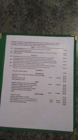 Vegan Menu  at Phuket Thai in Mount Shasta