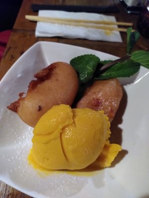 Banana fritters with mango sorbet at Pho in Cambridge