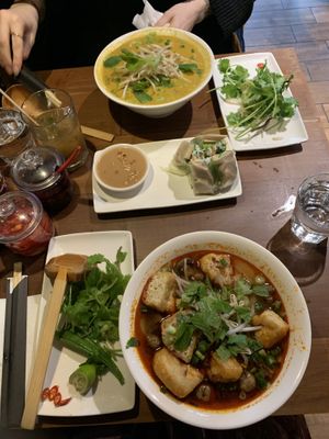 Hot & spicy tofu pho, vegan chicken summer rolls & vegan chicken curry pho (all vegan and gluten-free)  at Pho in Cambridge