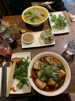 Hot & spicy tofu pho, vegan chicken summer rolls & vegan chicken curry pho (all vegan and gluten-free)  at Pho in Cambridge