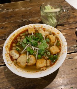 Hot & spicy tofu pho & fresh lemongrass tea  at Pho in Cambridge