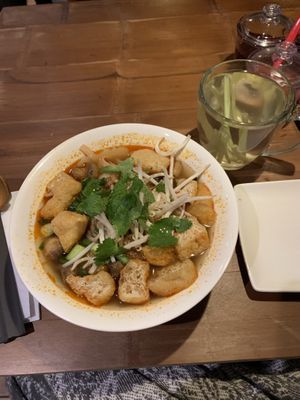 Hot & spicy tofu & mushroom pho & lemongrass tea  at Pho in Cambridge