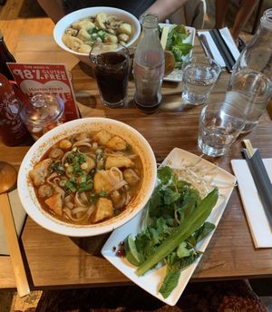 Hot & spicy tofu & mushroom pho; tofu & mushroom pho (both vegan & gf)  at Pho in Cambridge