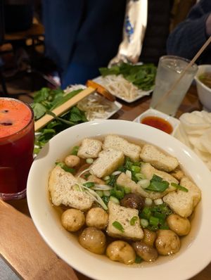 Vegan prawn crackers. Vegan tofu + mushroom pho. Juice. at Pho in Cambridge