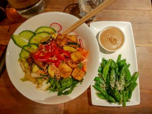 Tofu and veggie rice bowl with green beans, sugar snap peas and peanut sauce at Pho in Cambridge