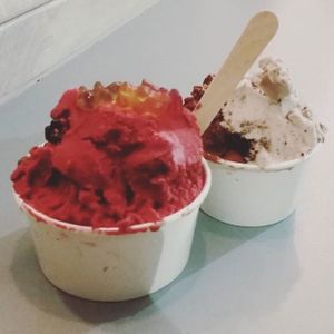 Front: Blackcurrant sorbet with veggie gummy bears (yum!). Back: cookies n cream / chocolate ice cream at Yorica in London