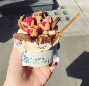 cookies and cream, choco-beetroot and peanut free butter ice-creams with animal cookies, raspberries, tiffin and salt caramel sauce to top! at Yorica in London