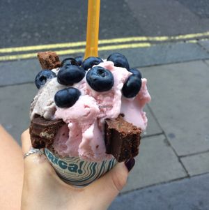strawberry and cookies and cream ice-cream topped with blueberries and brownie pieces  at Yorica in London