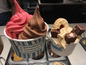 Soft ice cream, salted ice cream with brownie and biscuits at Yorica in London