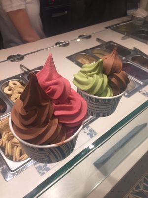 Choc and raspberry frozen yogurt and matcha and choc frozen yogurt  at Yorica in London