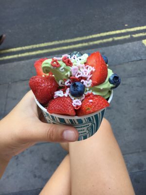 Matcha fro-yo with strawberries and blueberries! at Yorica in London