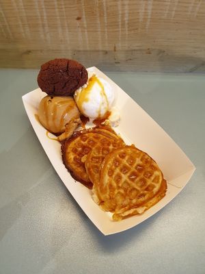 Waffle with coffee and popcorn/caramel ice cream at Yorica in London