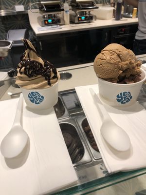 Caramel Soft Serve with chocolate sauce + Coffee Ice Cream at Yorica in London