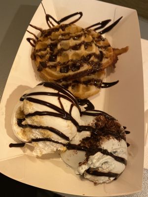 Waffles with banoffee and mint choc chip ice cream    at Yorica in London