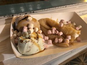 Mint chip and cookies and cream ice cream with marshmallows on a fresh crepe  at Yorica in London