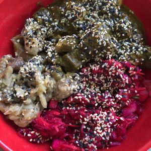 Tofu, egg plant, beet salad over brown rice at The Pot - Calle 90 in Bogota