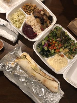 Falafel wrap and Vegetarian platter. All vegan! at Peace Bakery & Deli in Austin