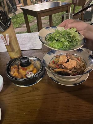 Tofu and mushroom tomato clay pot with Hoi An special noodles   at Am Vegetarian & Hideaway in Hoi An