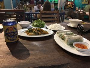 traditional spring rolls and vegetarian fish with turmeric dill herbs and noodles  at Am Vegetarian & Hideaway in Hoi An