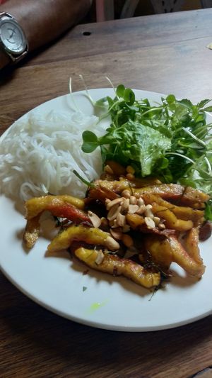 Termeric "fish" with dill, rice noodles and leaves at Am Vegetarian & Hideaway in Hoi An