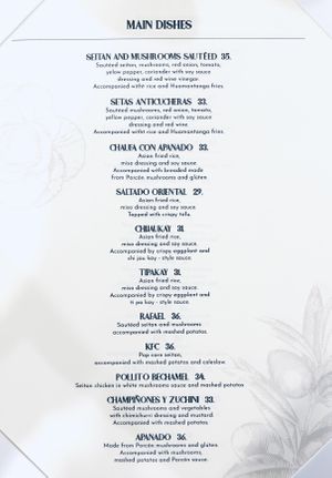 Menu as of April 2022, mains  at Seitan Urban Bistro in Lima
