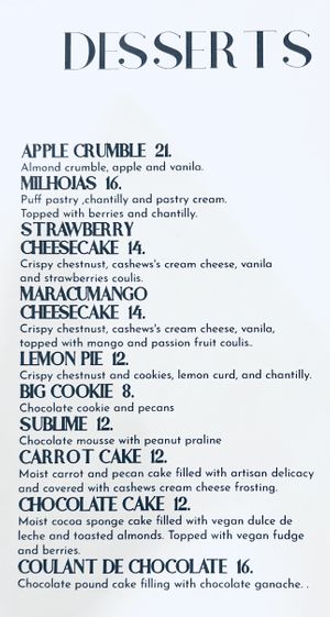 Menu as of April 2022, desserts  at Seitan Urban Bistro in Lima
