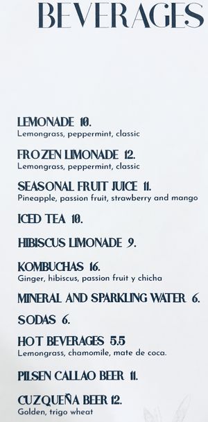 Menu as of April 2022, drinks  at Seitan Urban Bistro in Lima