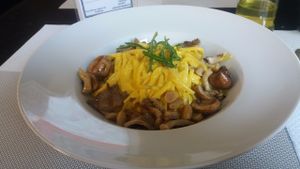Huancaina spaghetti with roasted oyster and button mushrooms at Seitan Urban Bistro in Lima