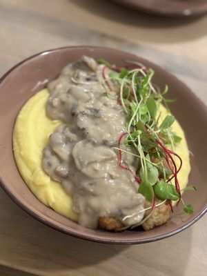 Pollo Bechamel (seitan chicken with white mushroom sauce on mashed potatoes)  at Seitan Urban Bistro in Lima