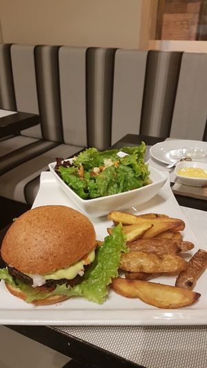 bean burger & fries  at Seitan Urban Bistro in Lima