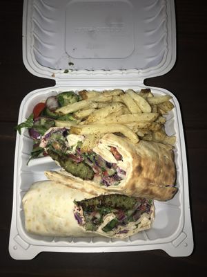 falafel wrap with sides of fries and salad  at Dish N' Dash in Fremont