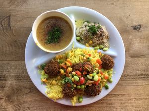 Rice, falafel, lentil soup, and babaghanouge   at Dish N' Dash in Fremont