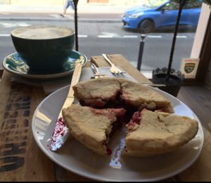 vegan cherry pie & soya chai latte at Sweet Life American Bakery and Specialty Coffee Bar in Krakow