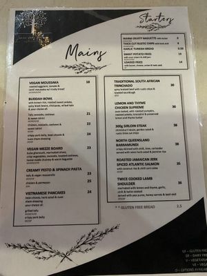 Dinner menu at Lemon and Thyme in Mooloolaba