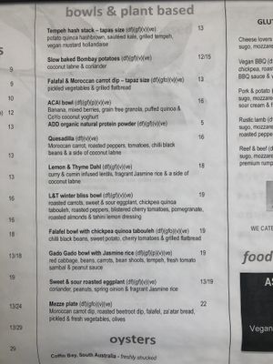 Current whole food plant based lunch menu. Dinner menu just as good.  at Lemon and Thyme in Mooloolaba