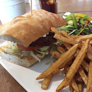 Vegan burger, chips, slaw and salad at The Orange Tree in Nottingham