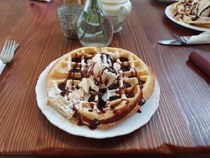 Vegan waffle, vegan soya icecream and vegan chocolate syrup at Cafe Zuckerl in Bamberg
