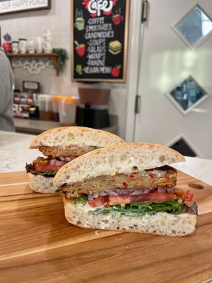 Artichoke "Crab" Cake Burger at Batata Cafe in Northport