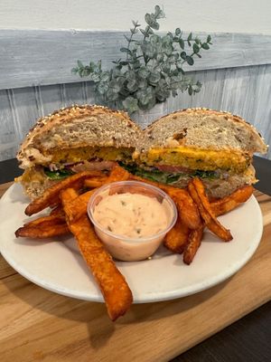 McKale Burger w/Special Sauce & Sweet Potato Fries at Batata Cafe in Northport