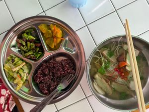 Rice with 3 toppings and Soup  at Vegetarian Eatery & Shop in Prachuap Khiri Khan