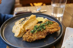 dish of the day - lentil milanesa with cauliflower & potato mash at La Alpargata in Madrid