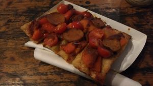 Spicy Pizza with Seitan Chorizo and Cocktail Tomatoes at MADENITALY in Copenhagen