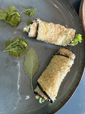 Eggplant roll filled with herbal almond ricotta   at MADENITALY in Copenhagen