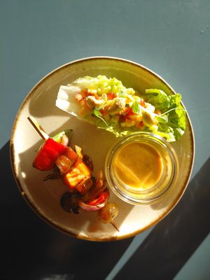 King oyster mushroom and Italian melon skewer with salad at MADENITALY in Copenhagen