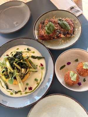 Riso al Salto, aubergine pizza slice, and suppli (tomato and mozzarella rice balls)   at MADENITALY in Copenhagen